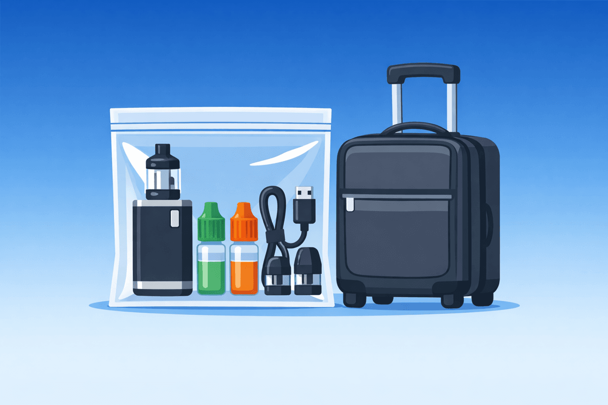 Illustration af e-cigaret udstyr pakket korrekt i gennemsigtig pose ved siden af en rejsetaske