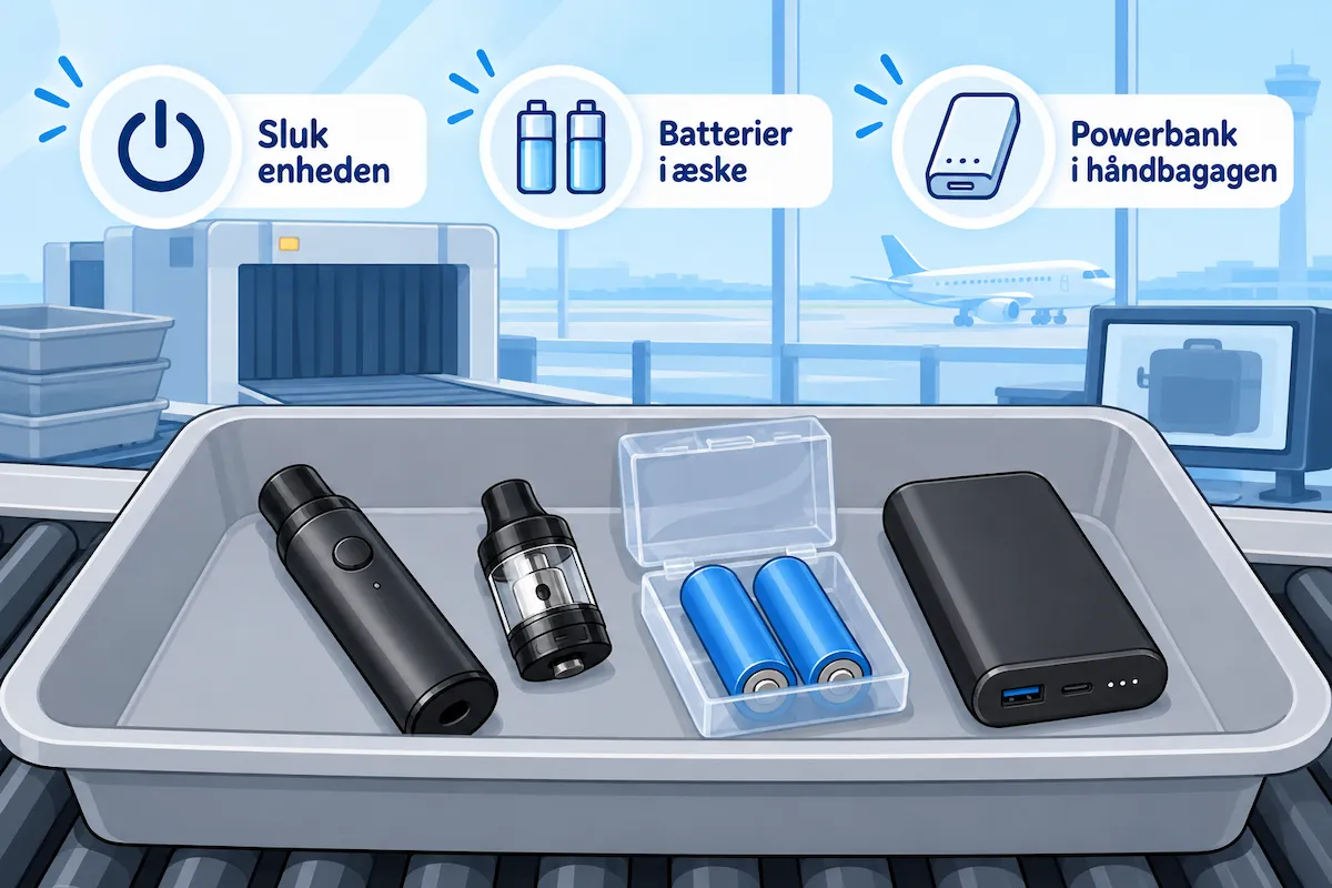 E-cigaret, tank, batterier i batterietui og powerbank i en bakke ved sikkerhedskontrollen